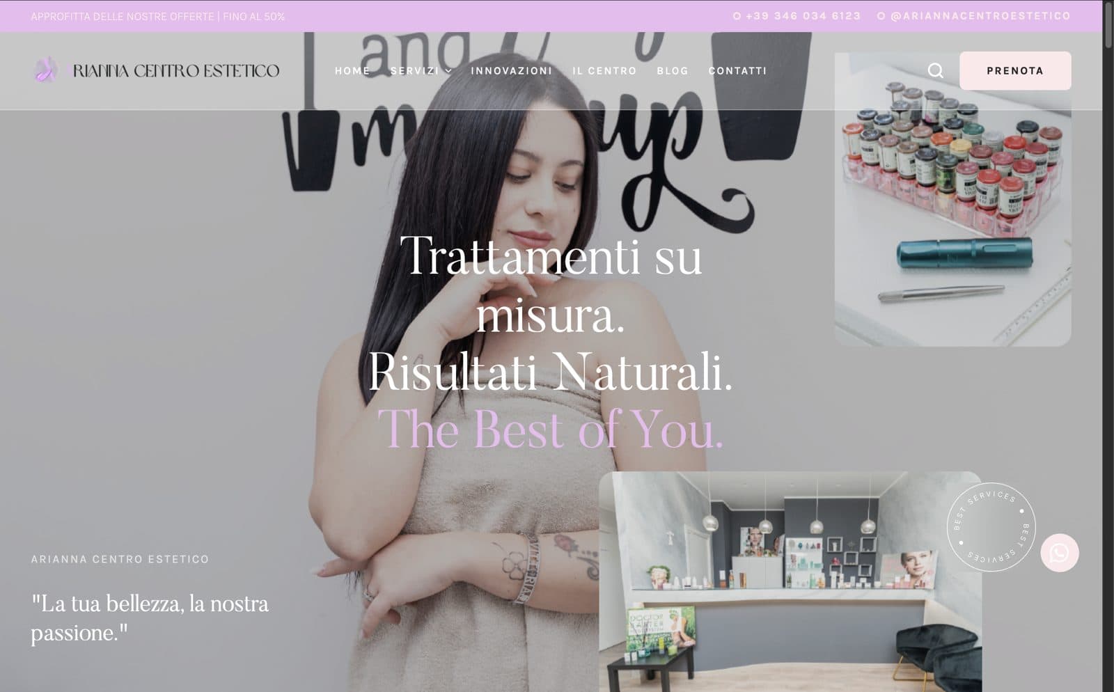 Home page del sito di Arianna Centro Estetico su computer